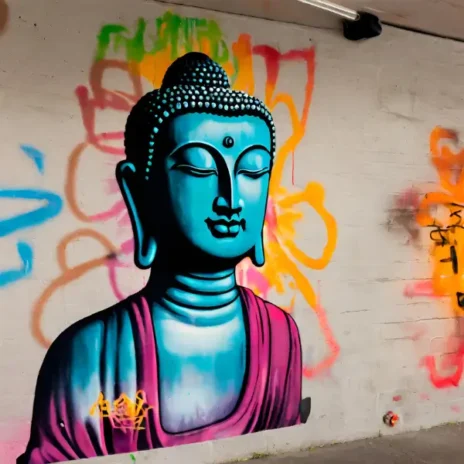 Buddha on a wall painted in grafitti style