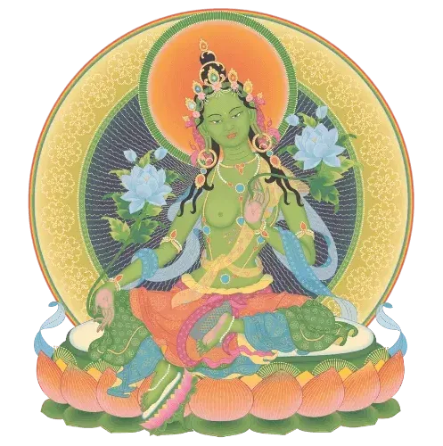 Buddhist Art work of Green Tara sitting on a lotus holding an Umpala