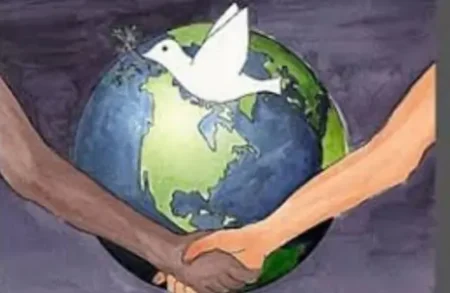 The world with 2 people shaking hands representing World Peace Prayers for World Peace: The world with 2 people shaking hands in front of it with a dove representing World Peace